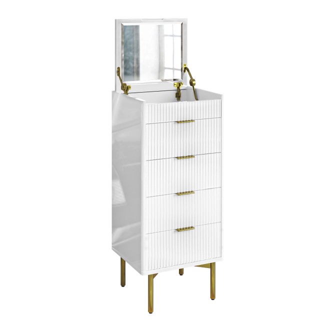 Tall Narrow White High Gloss Chest of 5 Drawers with Mirror - Valencia