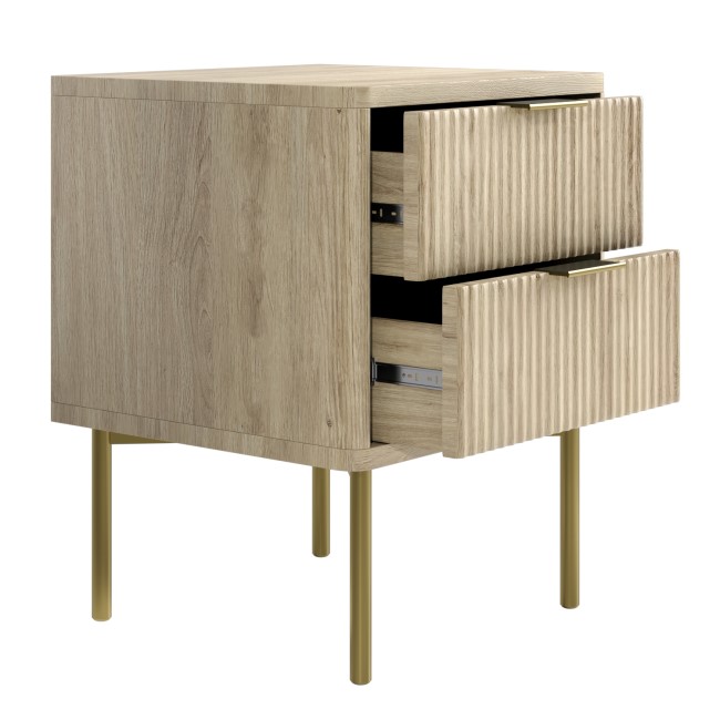 Oak and Gold Ribbed 2 Drawer Bedside Table with Legs - Valencia