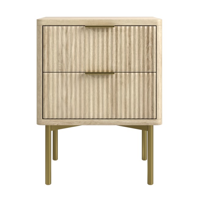 Oak and Gold Ribbed 2 Drawer Bedside Table with Legs - Valencia