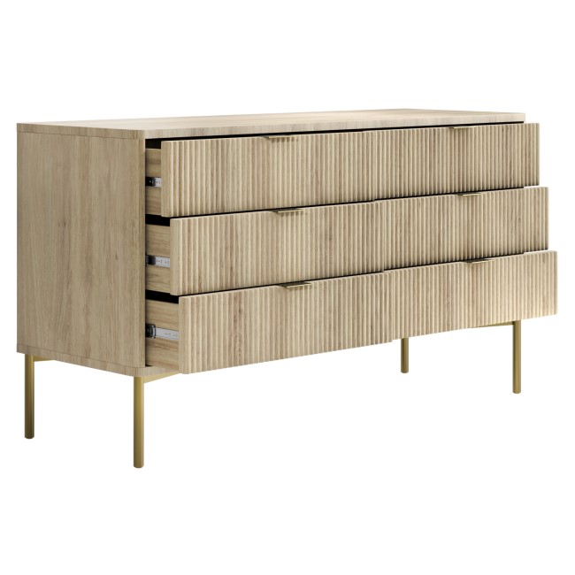 Wide Oak and Gold Ribbed Chest of 6 Drawers with Legs - Valencia