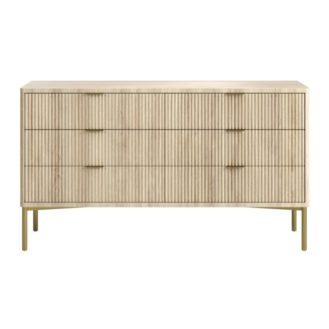 Wide Oak and Gold Ribbed Chest of 6 Drawers with Legs - Valencia