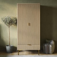 Oak and Gold Ribbed Double Wardrobe With Drawer - Valencia