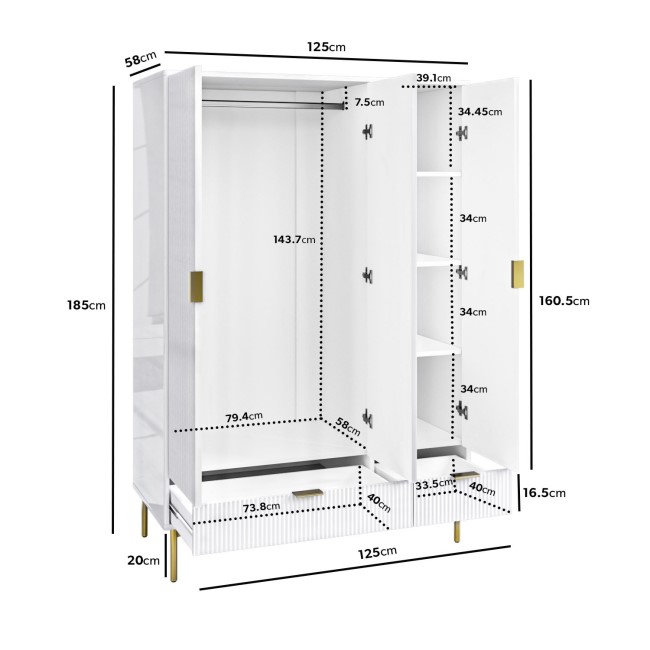 White Gloss 3-Door Wardrobe with 2 Drawers - Valencia