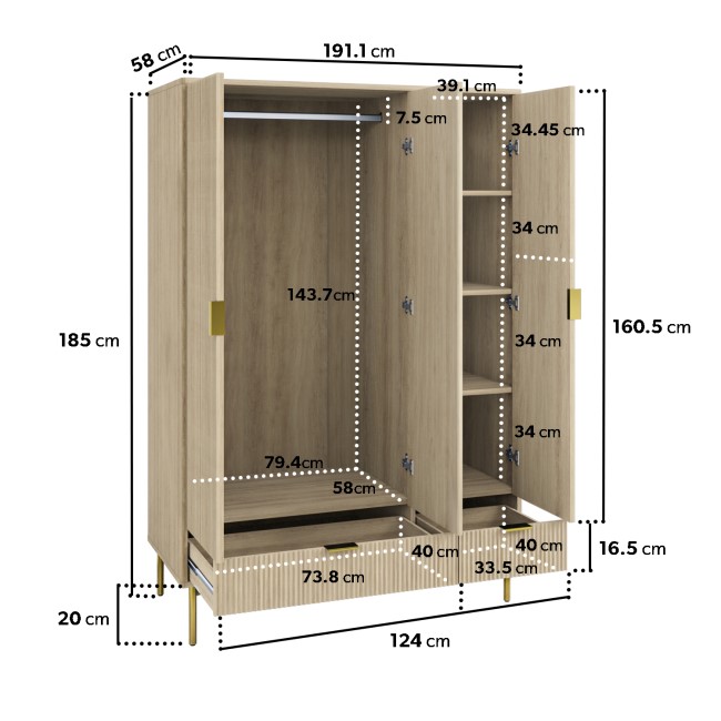 Oak and Gold Ribbed 3 Door Wardrobe with 2 Drawers - Valencia