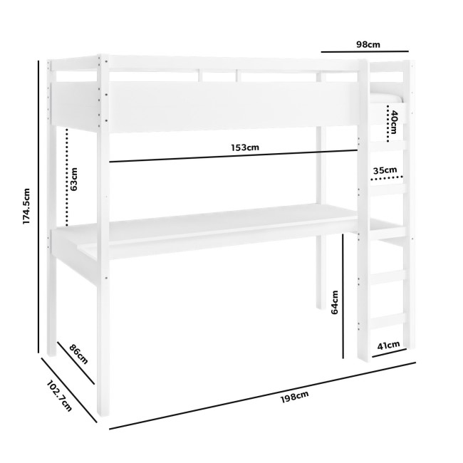 High Sleeper Loft Bed with Desk in White - Wyatt