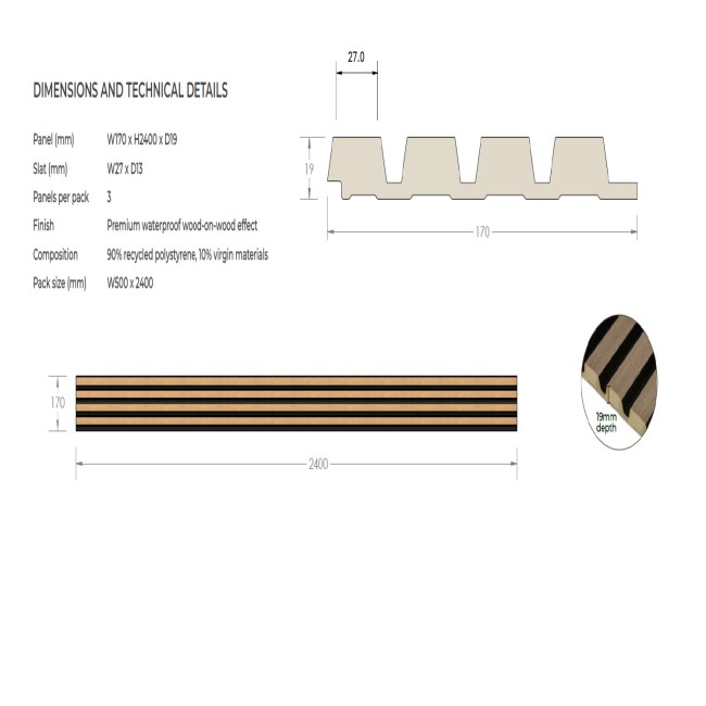 Waterproof Oak & Black Slatted Wall Panel 2400 x 170 x 19mm