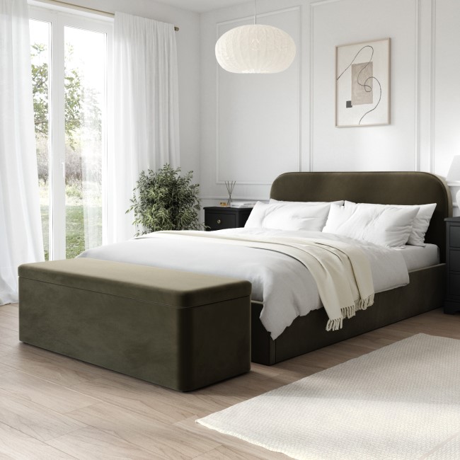 Khaki Green Velvet King Size Ottoman Bed Frame - Zara