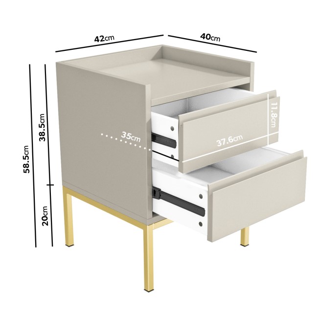 Taupe Modern 2 Drawer Bedside Table with Legs - Zion