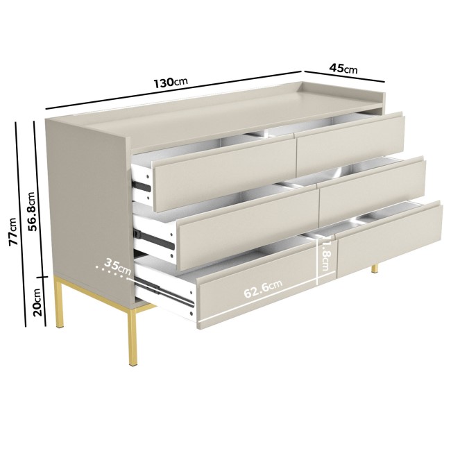 Wide Taupe Modern Six Chest of Drawers - Zion