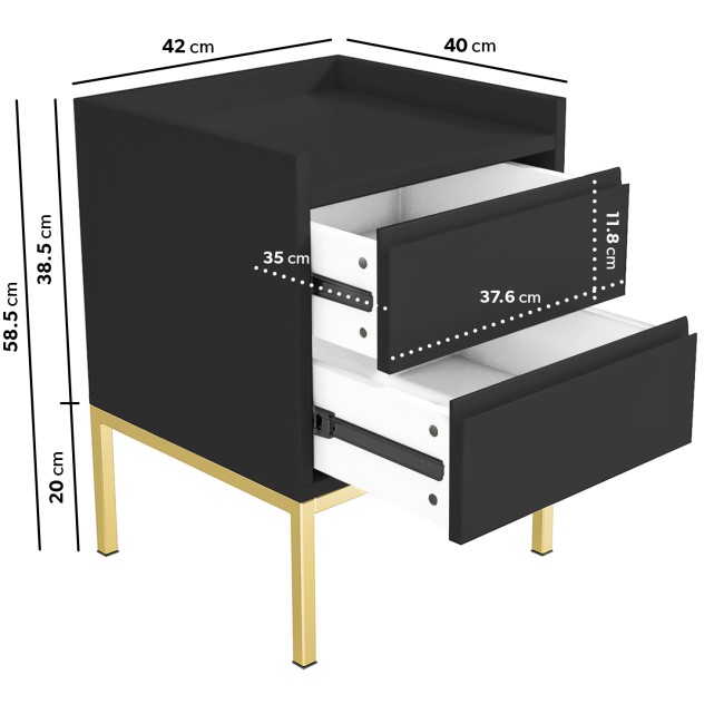 Black Modern 2 Drawer Bedside Table with Legs - Zion