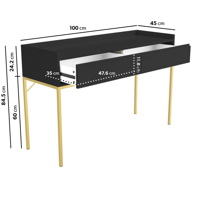 Black Dressing Table with 2 Drawers and Gold Legs - Zion