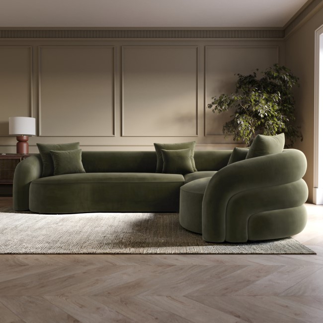 Green Velvet Right Hand Facing 4 Seater Curved Corner Sofa - Zuri